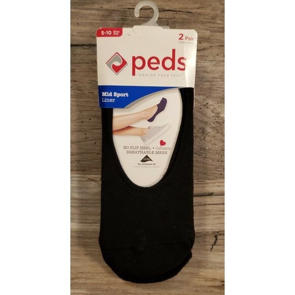 Peds Womens Mid Sport Liner Socks 2 Pair Black Shoe‎ Size 5-10 - Picture 1 of 4